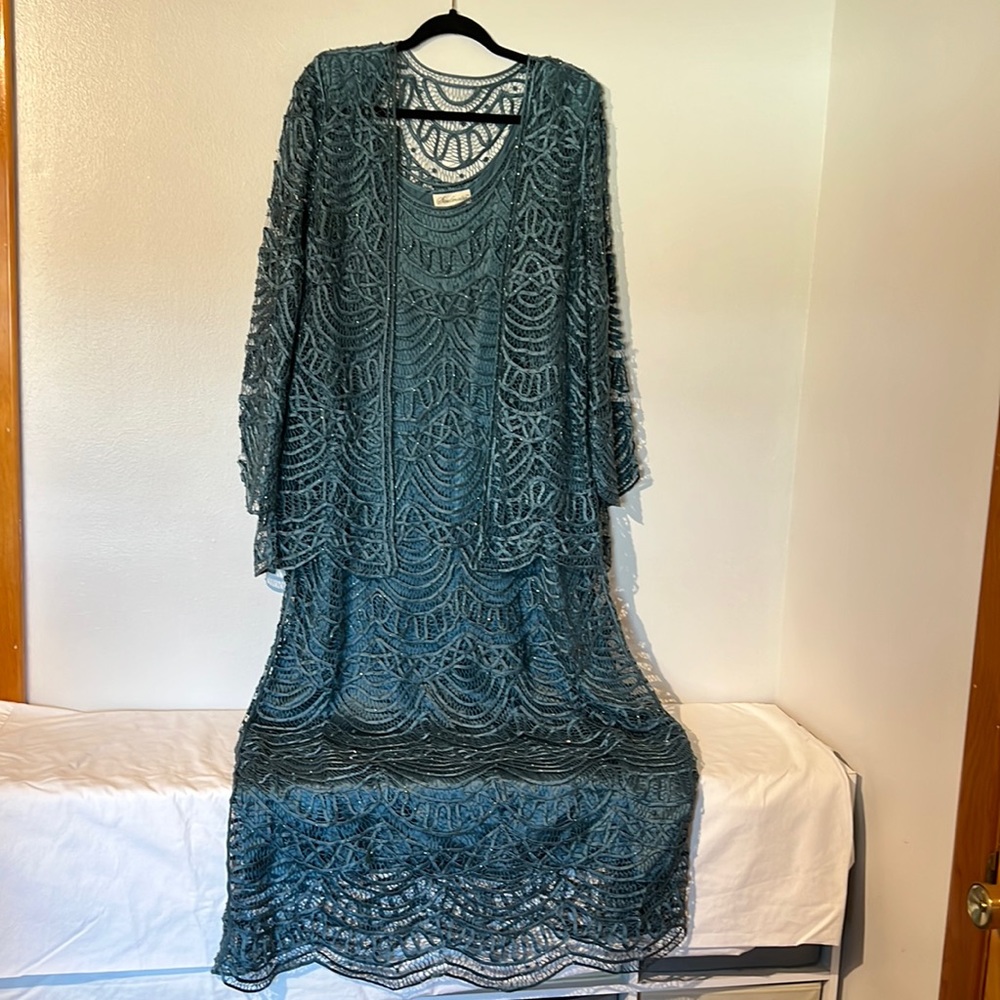 Soulmates ‘Mother of the Bride’ handmade silk/lace dress & jacket, size 1X Teal